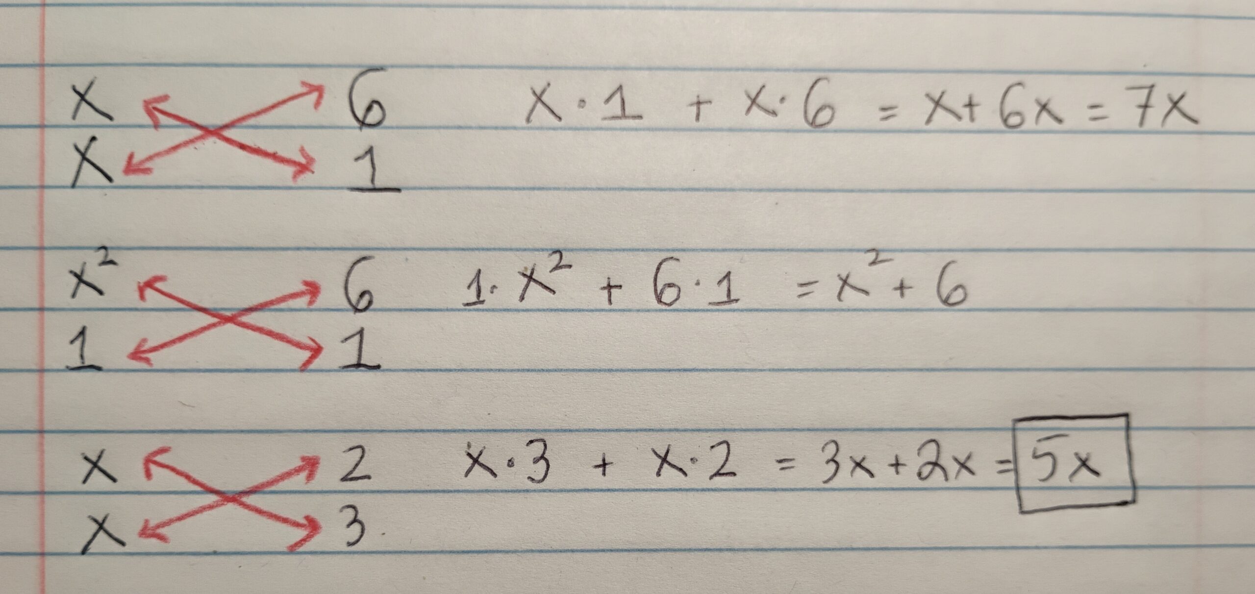 Handwritten worked example testing three pair combinations with diagonal arrows to match the middle term 5x