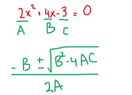 Handwritten notes labeling a = 2, b = 4 and c = −3 under the equation 2x² + 4x − 3 = 0