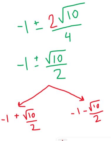 Handwritten final step reducing 2√10 over 4 to √10 over 2 and splitting the ± into two roots