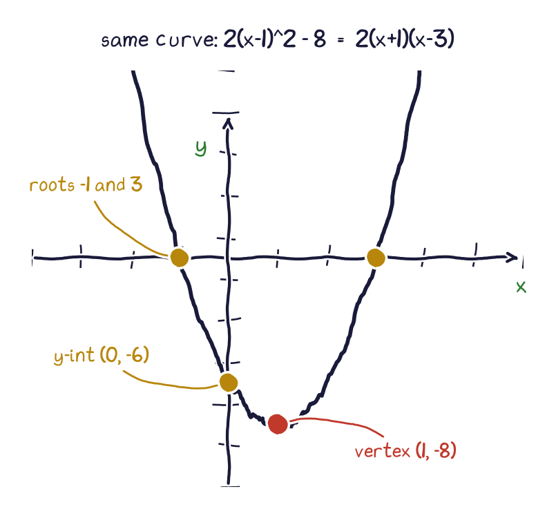 One parabola labeled with both vertex form 2 times x minus 1 squared minus 8 and intercept form 2 times x plus 1 times x minus 3, showing the same vertex, roots, and y-intercept.