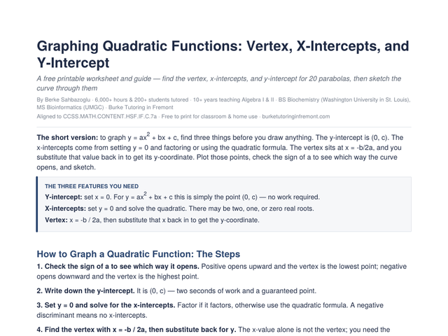 First page of the printable graphing quadratic functions worksheet, showing the vertex, x-intercept and y-intercept method
