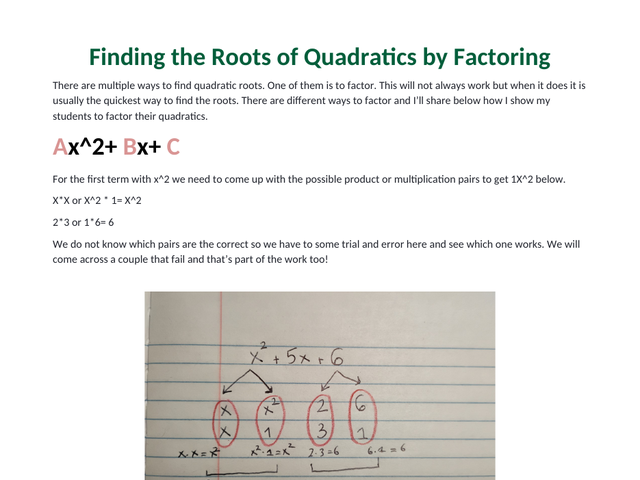 First page of the printable solving quadratics by factoring worksheet, showing worked examples and practice problems